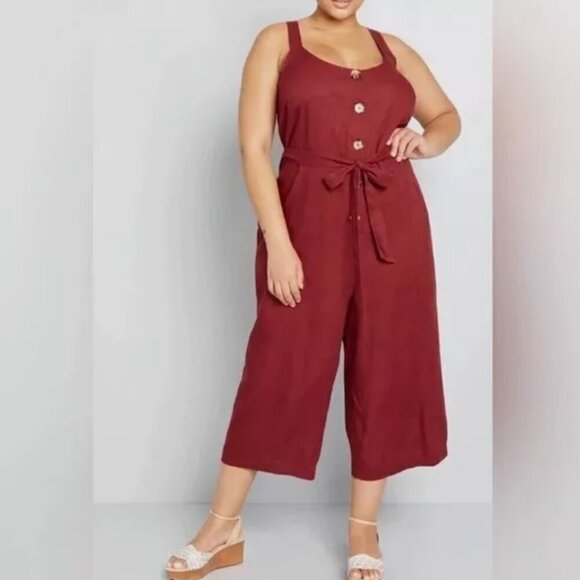 Modcloth Rich Red Linen Blend Button Front Cropped Jumper Overalls (XS) - Picture 2 of 8